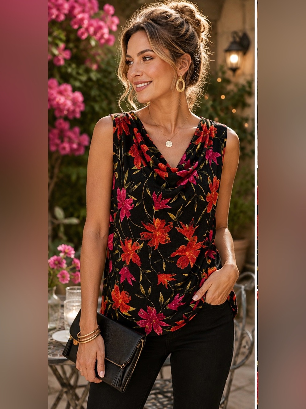 West End Floral Cowl Neck Sleeveless Top Black Pink Red XL